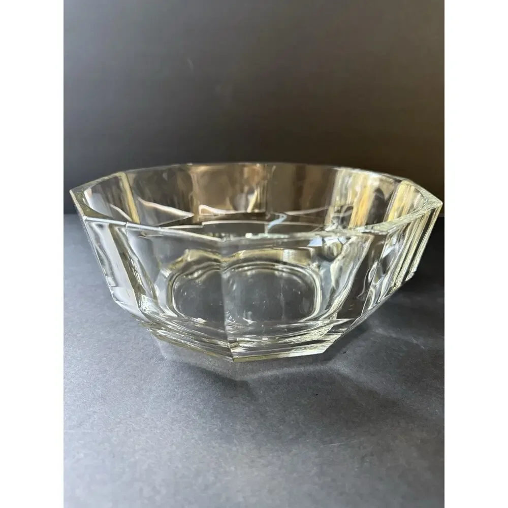Vintage Crystal Salad Bowl Paneled Clear Tableware Octagon MCM Cottage Serving